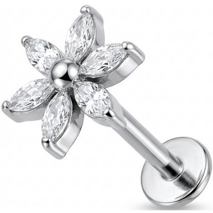 Titanium Labret Marquise Cut Crystal Flower Internally Threaded