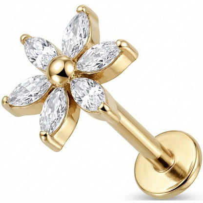 Titanium Labret Marquise Cut Crystal Flower Internally Threaded