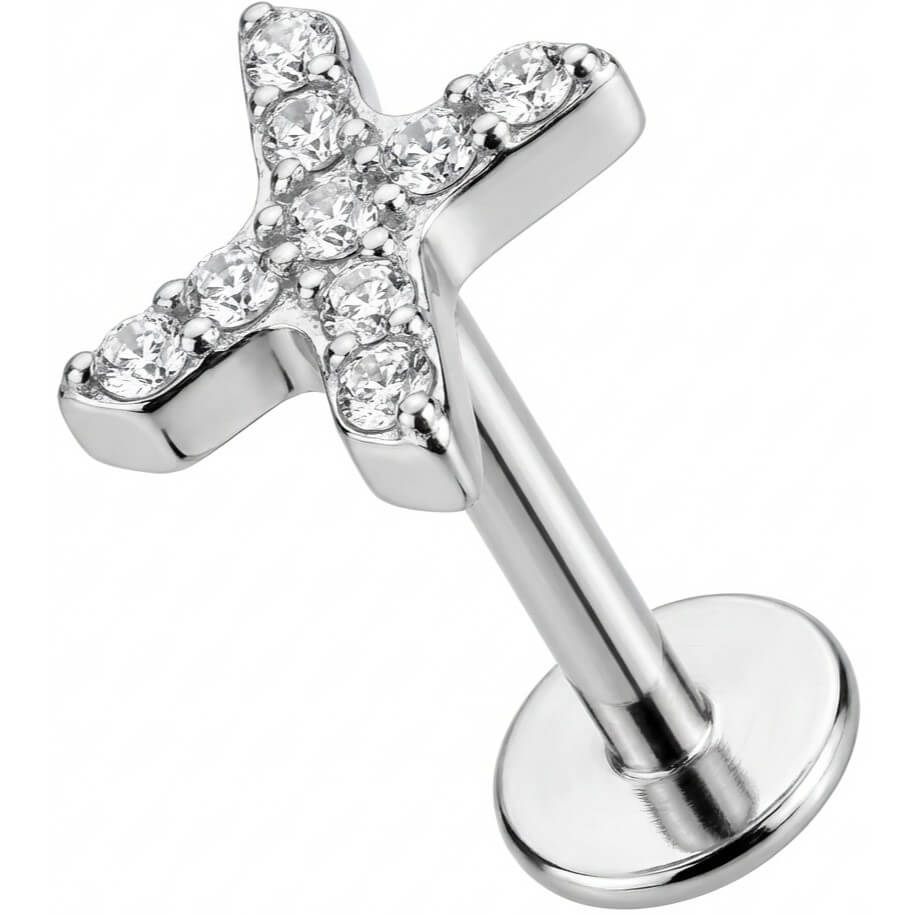 Titanium Labret Crystal Paved X Shape Internally Threaded