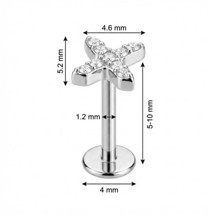 Titanium Labret Crystal Paved X Shape Internally Threaded