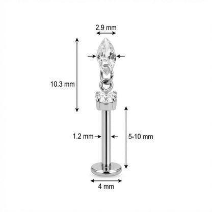 Titanium Labret Round Crystal With Marquise Drop Internally Threaded