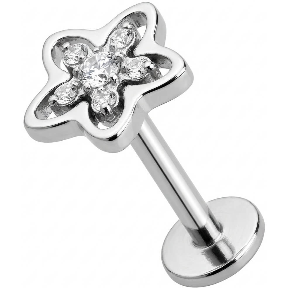Titanium Labret Cutout Flower With Crystal Center Internally Threaded