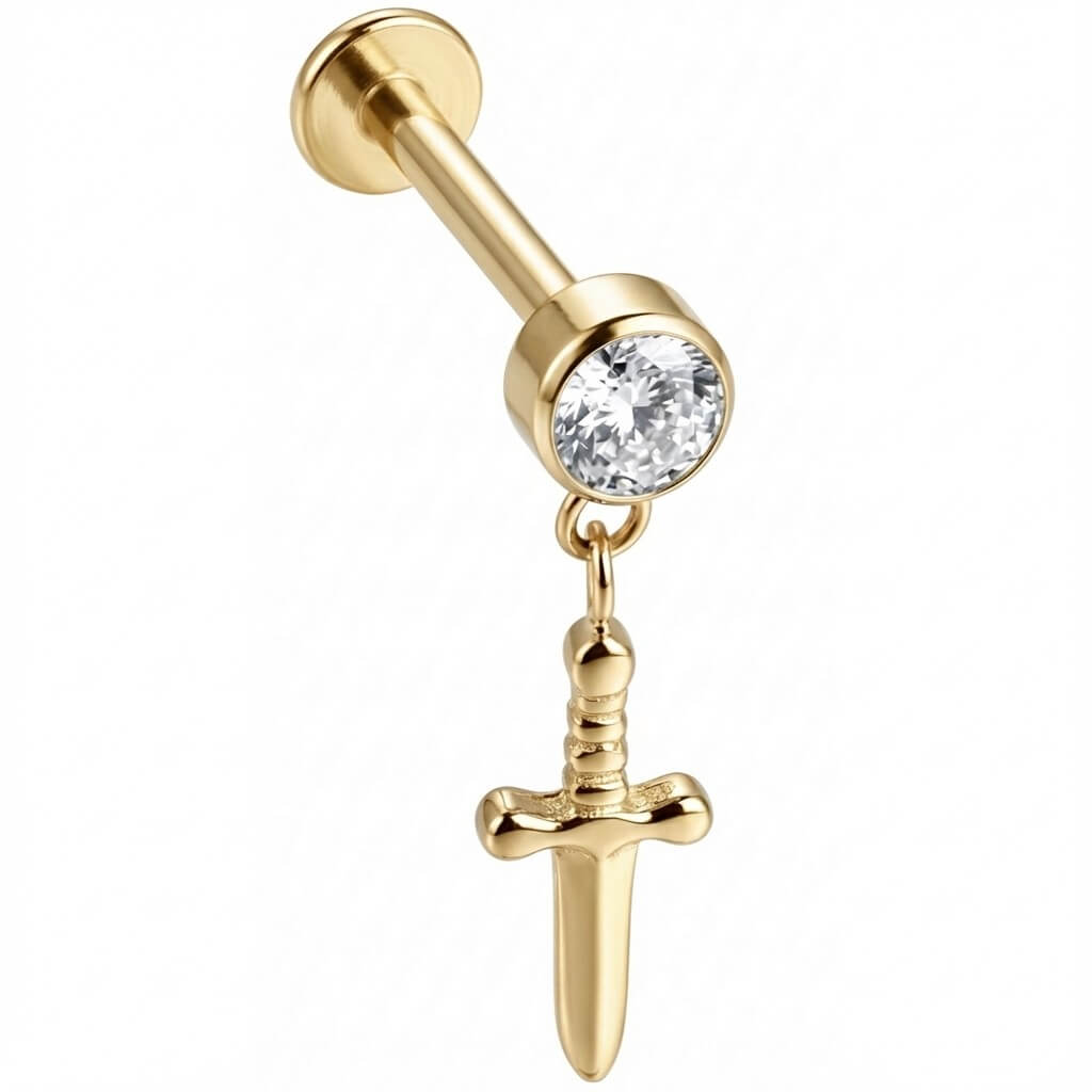 Titanium Labret Dangling Dagger With Clear Crystal Internally Threaded