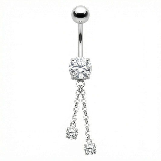 Titanium Belly Button Piercing Round Zirconia With Double Chain Internally Threaded