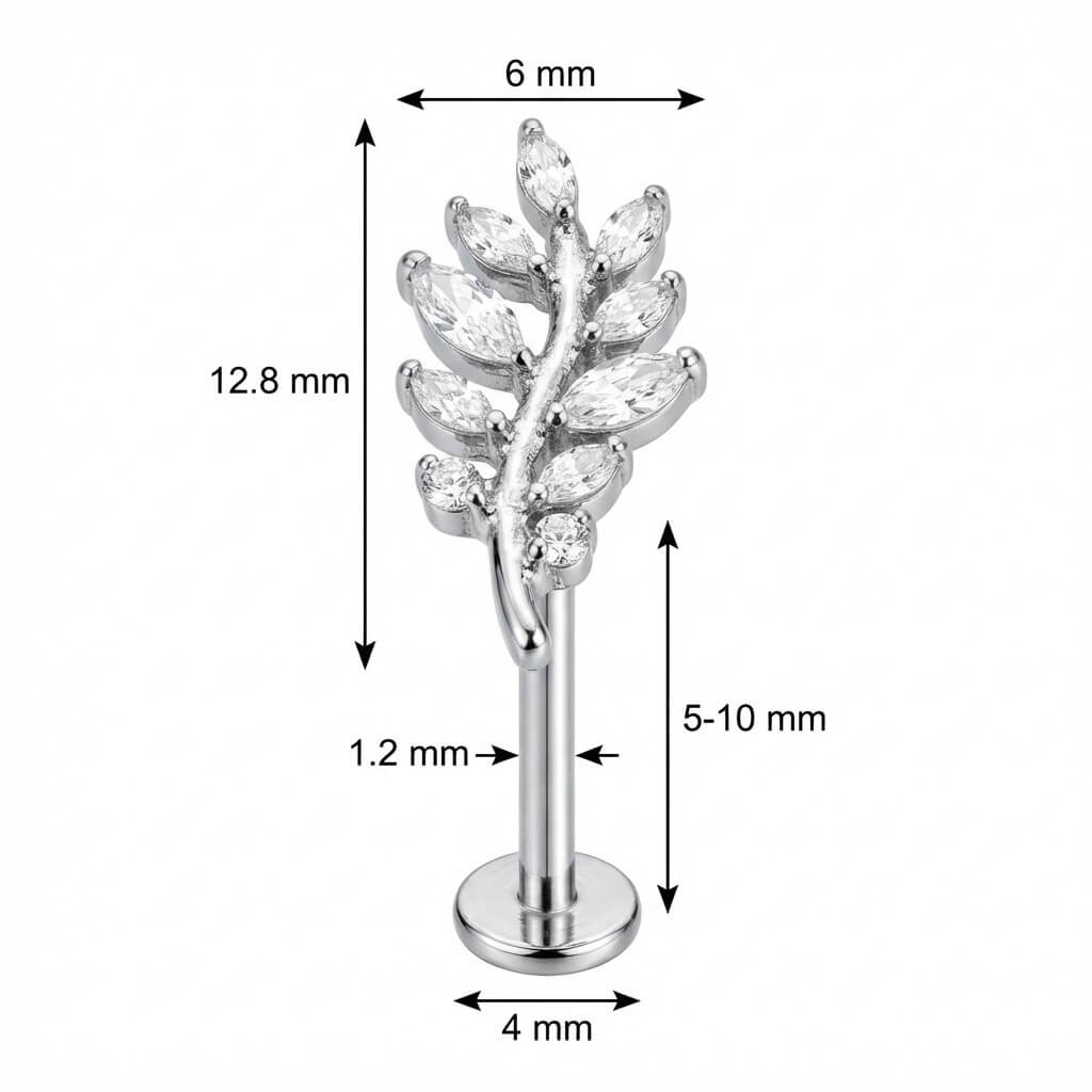 Titanium Labret Curved Crystal Fern Leaf Branch Internally Threaded