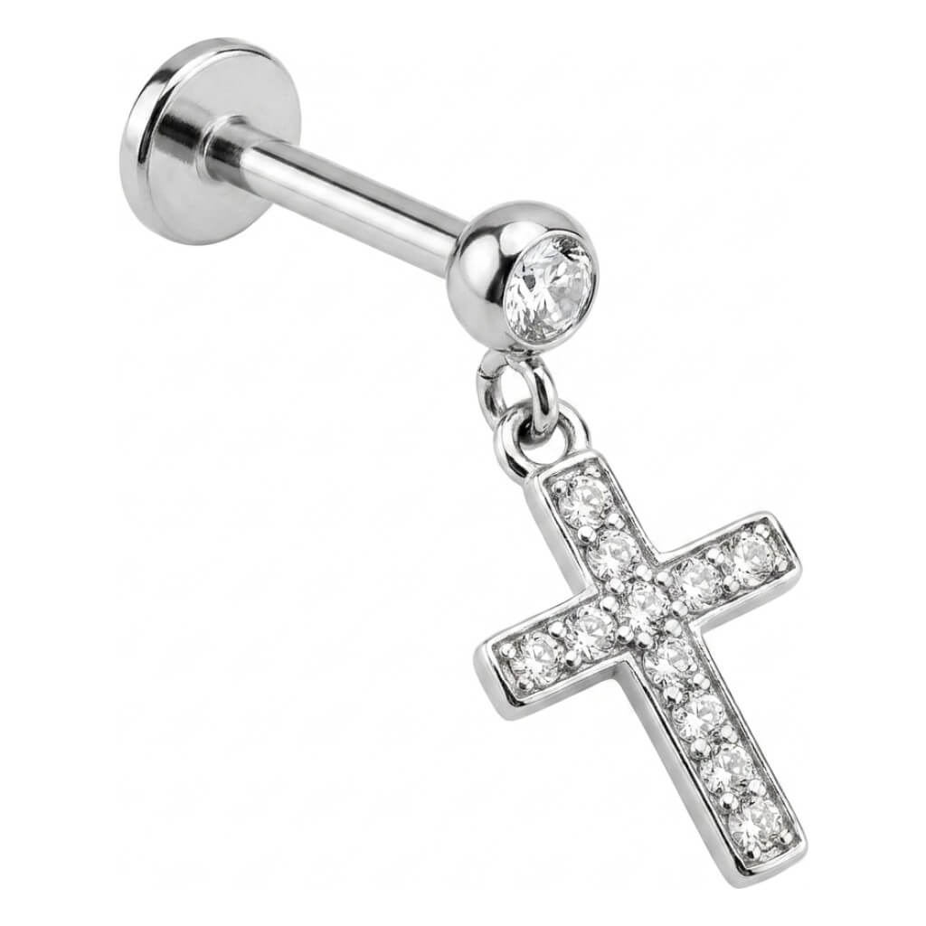 Titanium Labret Cross Dangle Zirconia Internally Threaded