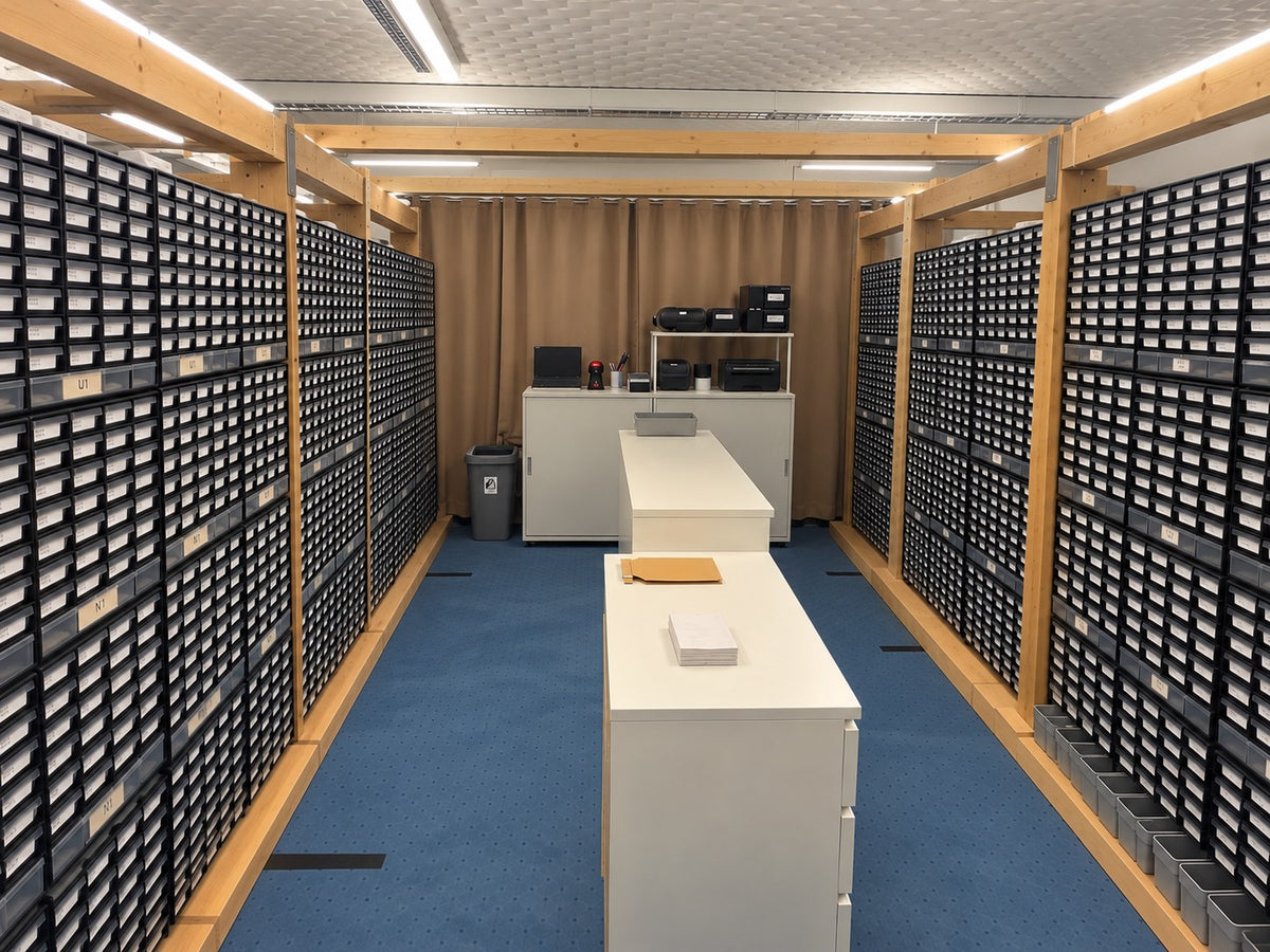 Our warehouse in Leverkusen with thousands of labelled drawers of piercing jewellery